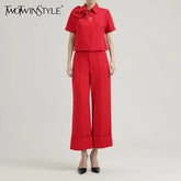 TWOTWINSTYLE Solid Elegant Two Piece Sets for Women Lapel Short Sleeve Spliced 3D Flower Top High Waist Wide Leg Pant Set Female